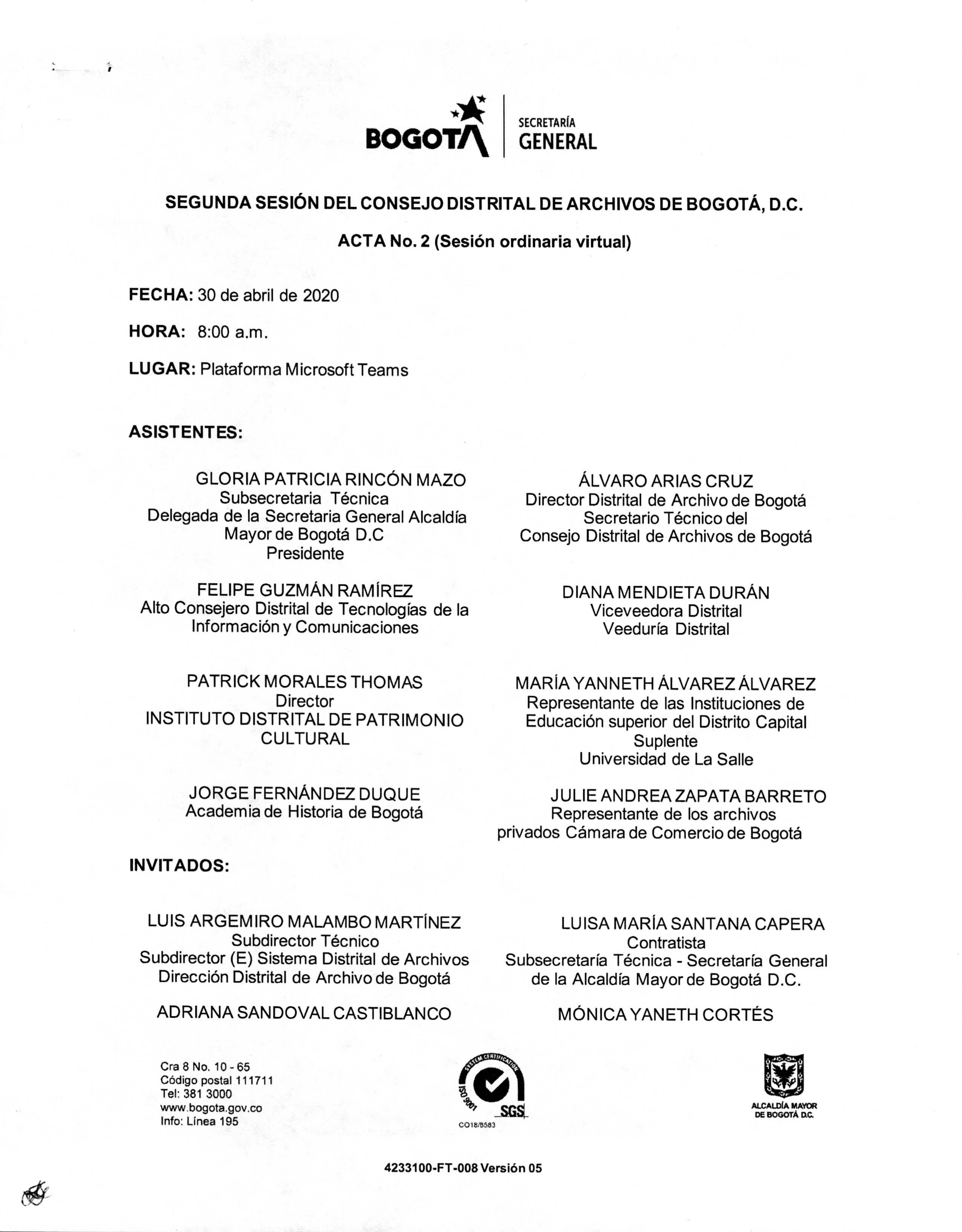 Documento escaneado correspondiente al Acta No. 2 de la segunda sesión ordinaria virtual del Consejo Distrital de Archivos de Bogotá D.C. de 2020, realizada el 30 de abril a las 8:00 a. m. mediante la plataforma Microsoft Teams. La página presenta la identidad institucional de Bogotá y la Secretaría General, los datos de fecha, hora y modalidad de la sesión, así como el listado de asistentes e invitados con sus cargos o entidades de representación. En la parte inferior aparecen los datos institucionales, se