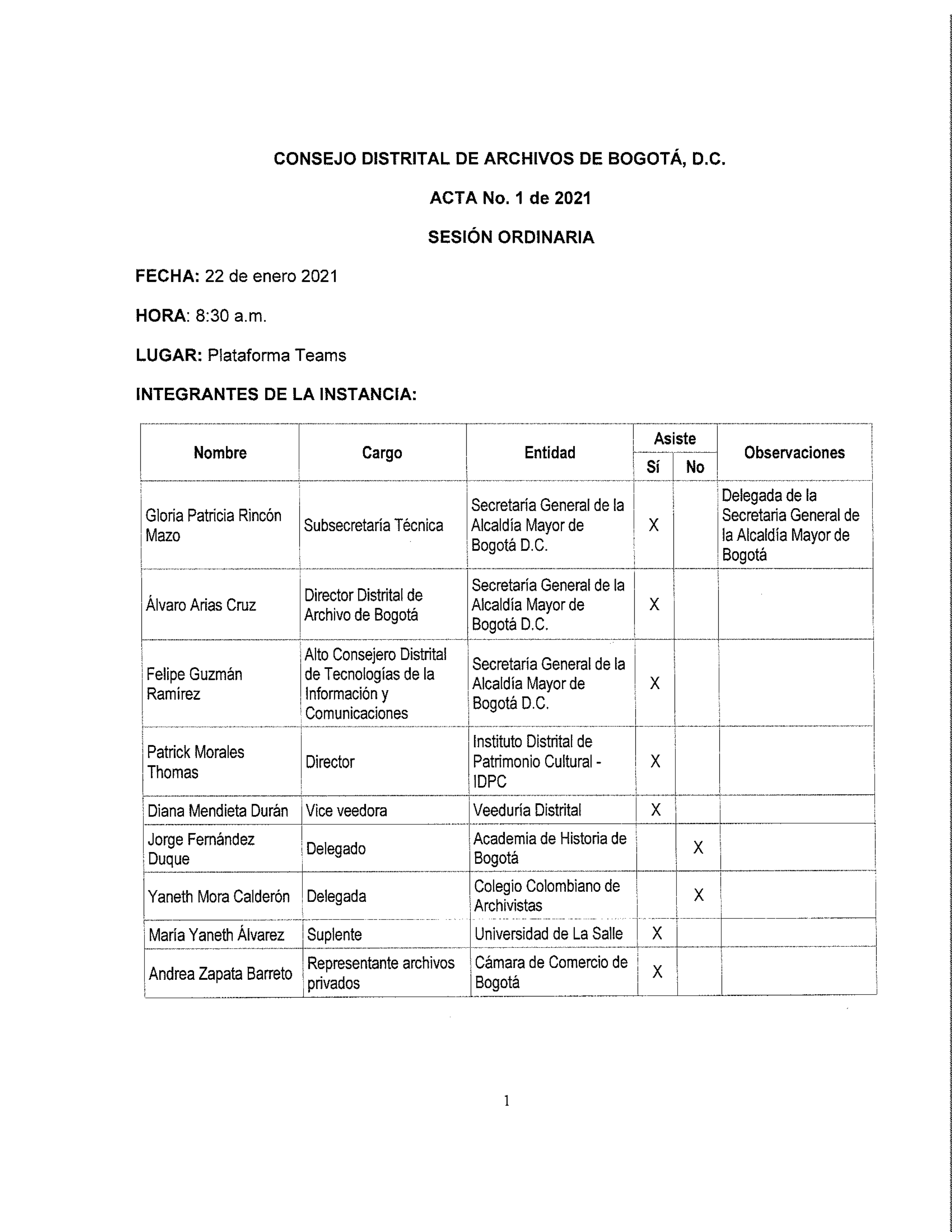 Documento escaneado correspondiente al Acta No. 1 de 2021 de la sesión ordinaria del Consejo Distrital de Archivos de Bogotá D.C., realizada el 22 de enero de 2021 a las 8:30 a. m. mediante la plataforma Teams. La página presenta los datos de fecha, hora y modalidad de la sesión y una tabla con los integrantes de la instancia, en la que se relacionan sus nombres, cargos, entidades, asistencia y observaciones. Entre los participantes se encuentran representantes de la Secretaría General de la Alcaldía Mayor 