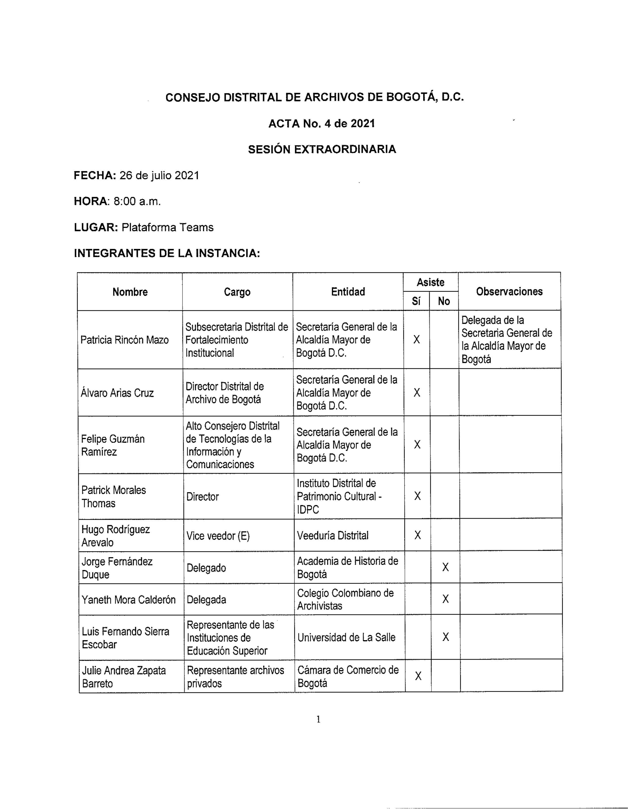 Documento escaneado correspondiente al Acta No. 4 de 2021 de la sesión extraordinaria del Consejo Distrital de Archivos de Bogotá D.C., realizada el 26 de julio de 2021 a las 8:00 a. m. mediante la plataforma Teams. La página presenta los datos de fecha, hora y modalidad de la sesión y una tabla con los integrantes de la instancia, en la que se relacionan sus nombres, cargos, entidades, asistencia y observaciones. Entre los asistentes se encuentran representantes de la Secretaría General de la Alcaldía Mayo