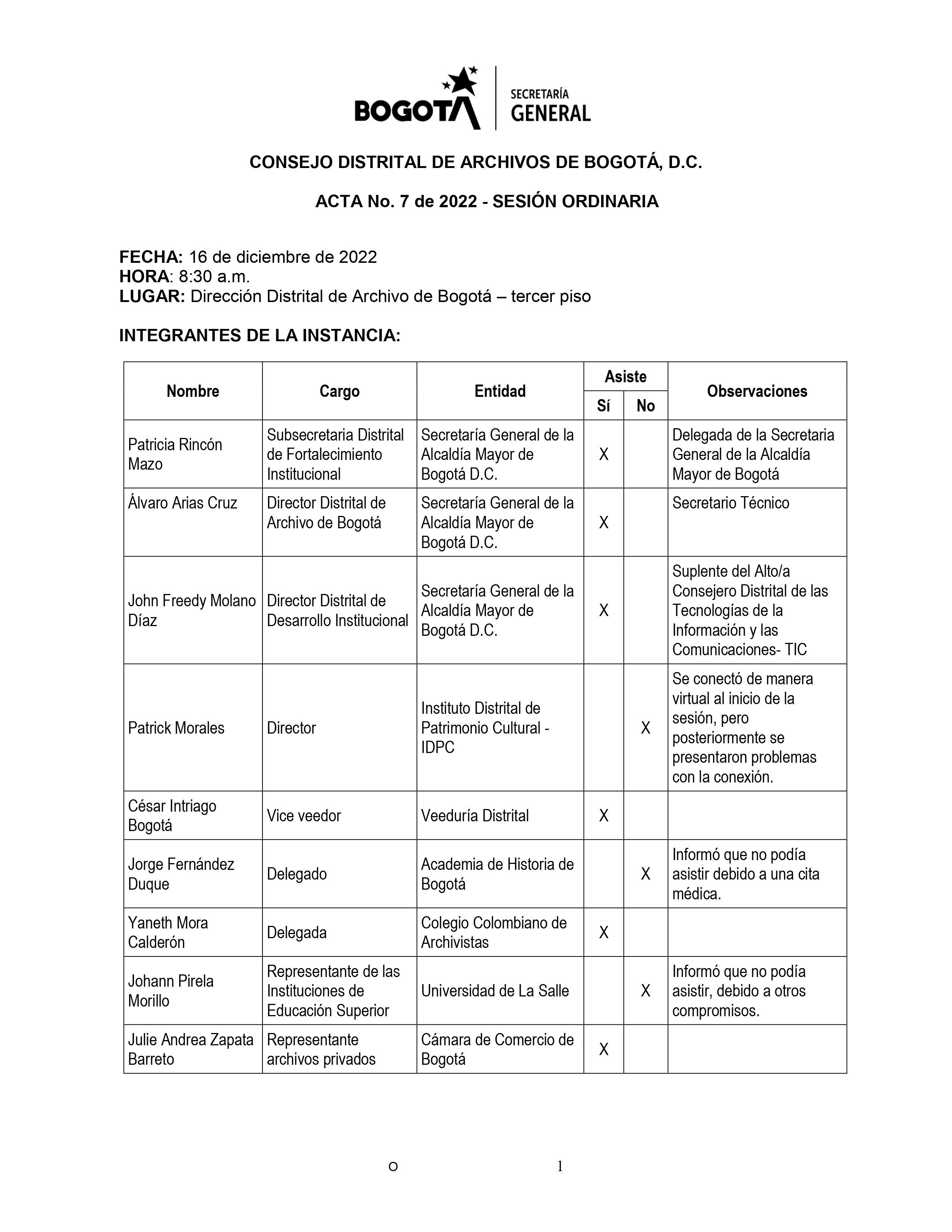 Documento escaneado correspondiente al Acta No. 7 de 2022 de la sesión ordinaria del Consejo Distrital de Archivos de Bogotá D.C., realizada el 16 de diciembre de 2022 a las 8:30 a. m. en la Dirección Distrital de Archivo de Bogotá, tercer piso. La página presenta la identidad institucional de Bogotá y la Secretaría General, los datos de fecha, hora y lugar de la sesión y una tabla con los integrantes de la instancia, en la que se relacionan nombres, cargos, entidades, asistencia y observaciones. Se registr