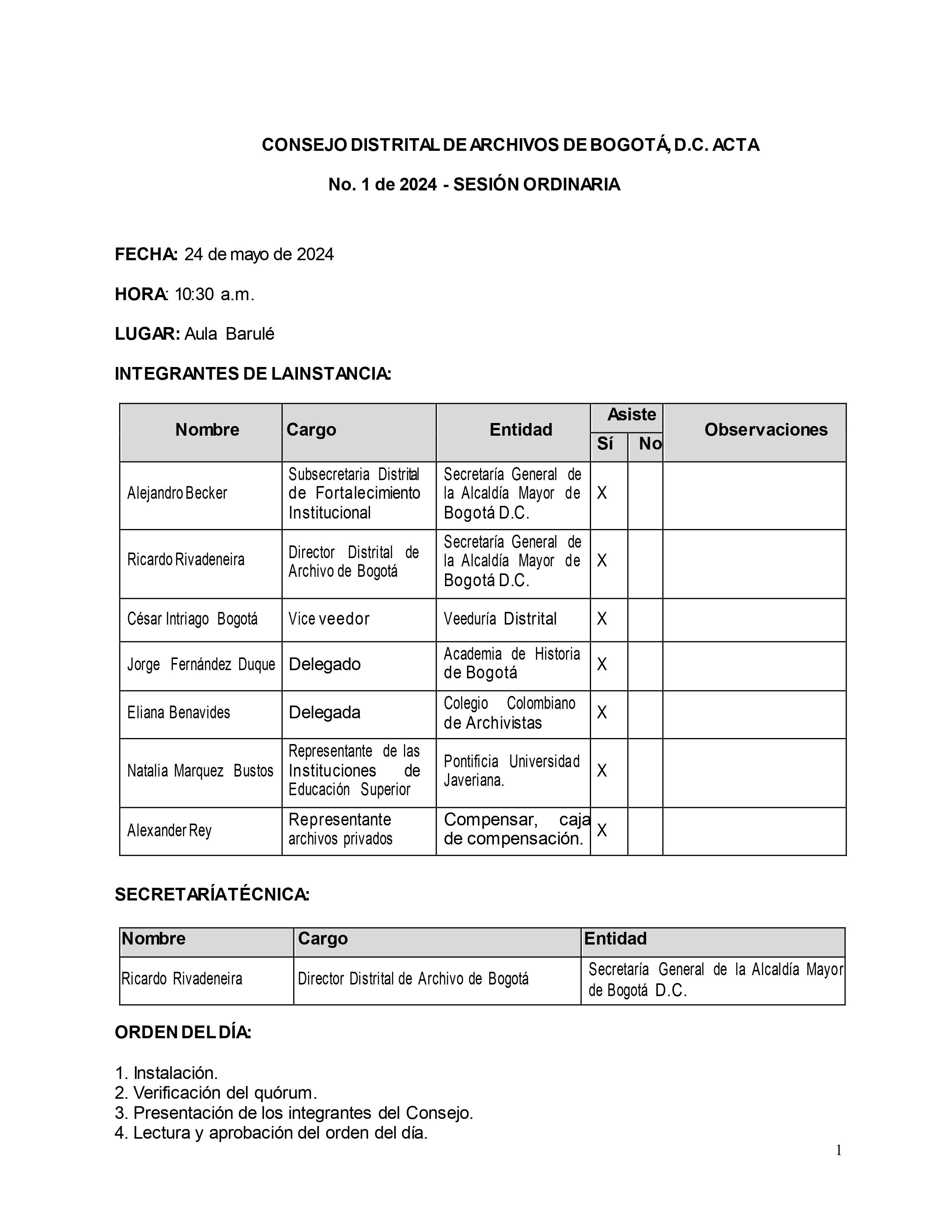 Documento correspondiente al Acta No. 1 de 2024 de la sesión ordinaria del Consejo Distrital de Archivos de Bogotá D.C., realizada el 24 de mayo de 2024 a las 10:30 a. m. en el Aula Barulé. La página presenta los datos de fecha, hora y lugar de la sesión, una tabla con los integrantes de la instancia —incluyendo sus nombres, cargos, entidades, asistencia y observaciones— y una sección específica de Secretaría Técnica, ejercida por el Director Distrital de Archivo de Bogotá. También se incluye el inicio del 