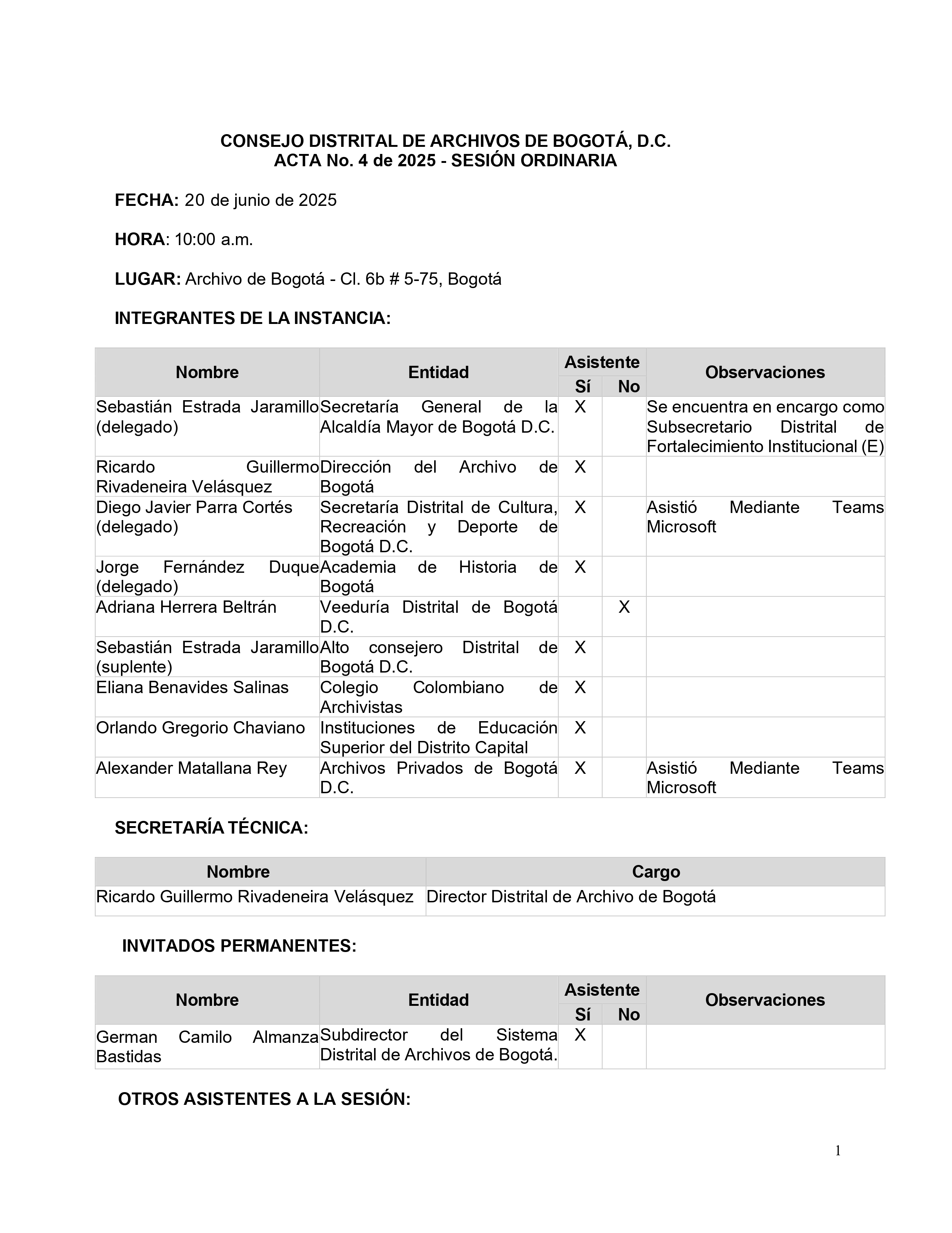 Documento correspondiente al Acta No. 4 de 2025 de la sesión ordinaria del Consejo Distrital de Archivos de Bogotá D.C., realizada el 20 de junio de 2025 a las 10:00 a. m. en el Archivo de Bogotá, ubicado en la Cl. 6b # 5-75. La página presenta los datos de fecha, hora y lugar de la sesión y una tabla con los integrantes de la instancia, en la que se relacionan nombres, entidades, asistencia y observaciones, incluyendo participaciones presenciales y mediante Microsoft Teams. También se incluye una sección d