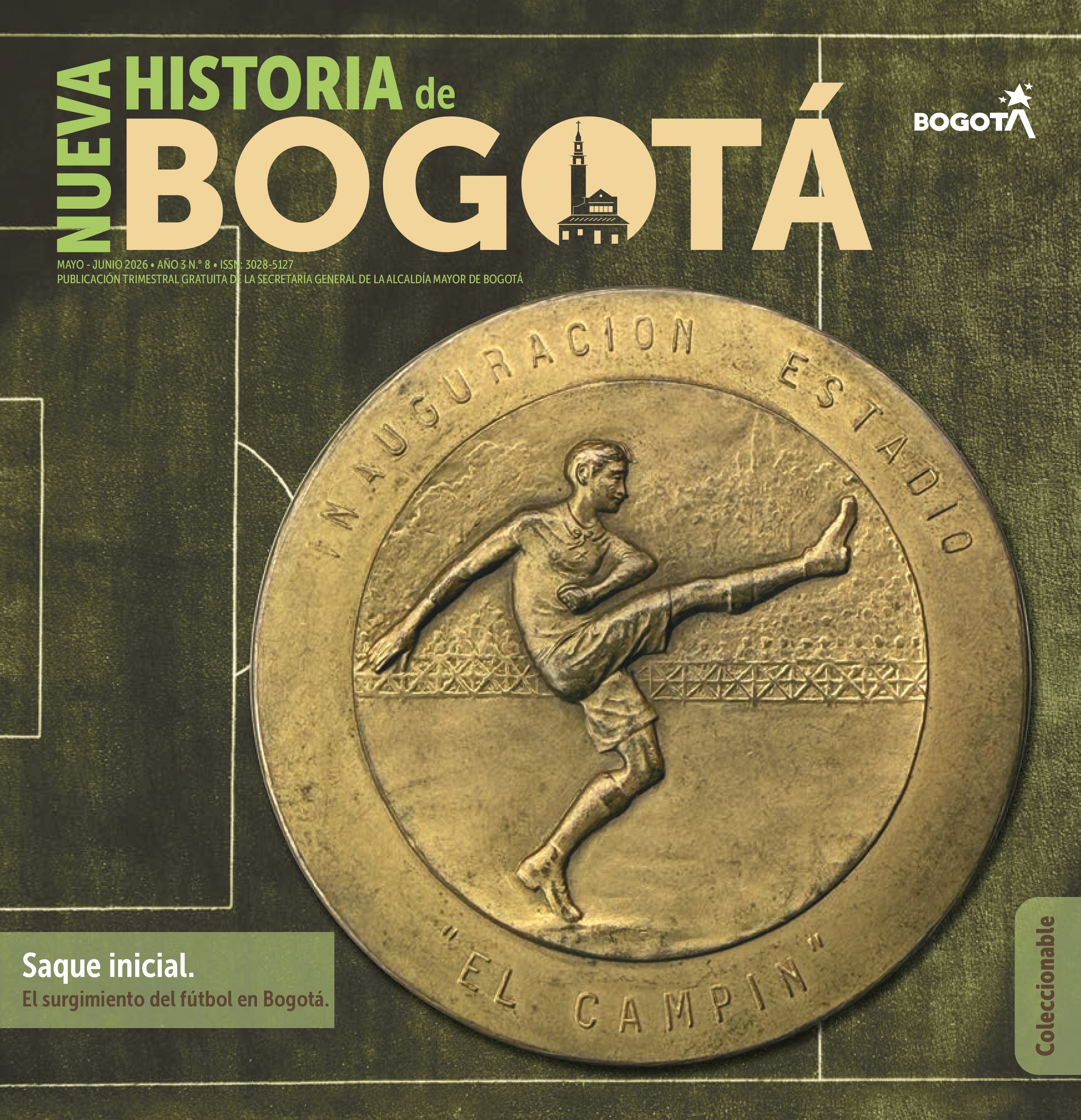 Portada de la Revista Nueva Historia de Bogotá N° 8 con la imagen de una medalla conmemorativa de la reinauguración del Estadio Nemesio Camacho El Campín.