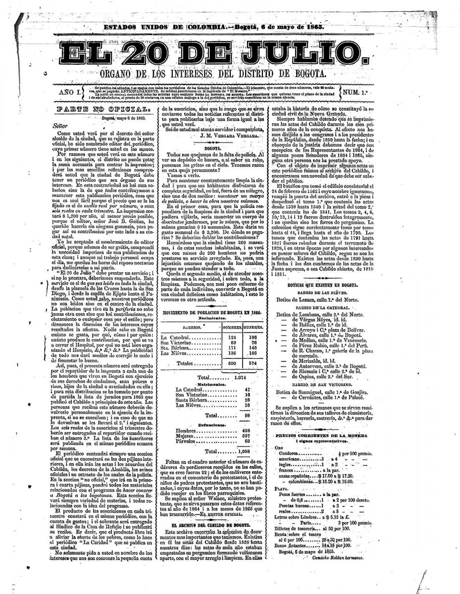Conozca el periódico' EL 20 DE JULIO' de los Estados Unidos de Colombia |  Archivo de Bogotá